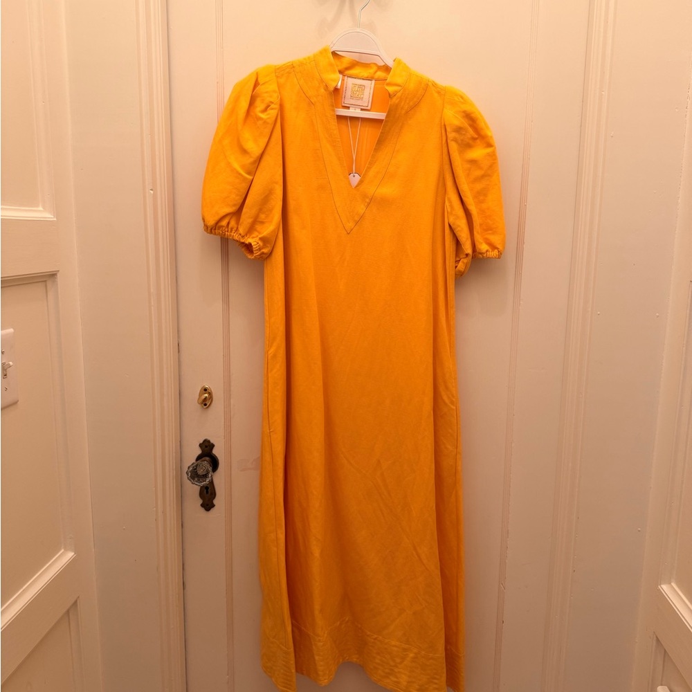 Chic Yellow Midi Dress with Puff Sleeves